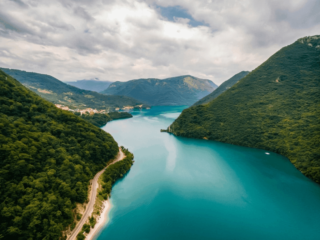 Zhinvali Reservoir turquoise water Georgia