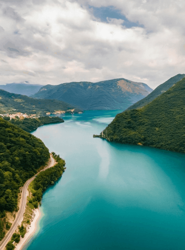 Zhinvali Reservoir turquoise water Georgia